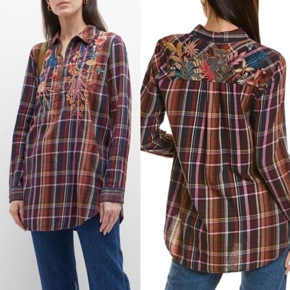 Johnny Was Size XS  Shuri Plaid Embroidered Shirt Long Sleeve Tunic